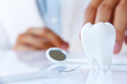 Dental tools next to fake tooth on desk