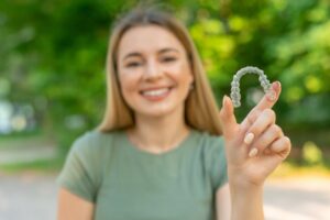 Woman smiling while holding up her Invisalign tray